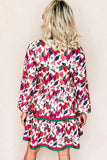 Multicolored Floral Print Contrast Striped Long Sleeve Mini Dress with Pockets