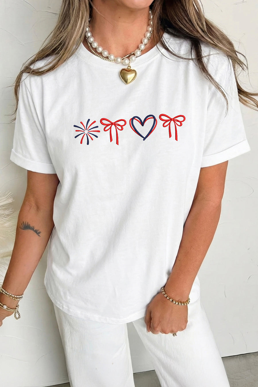 White Fireworks, Bows & Heart Embroidered T-Shirt