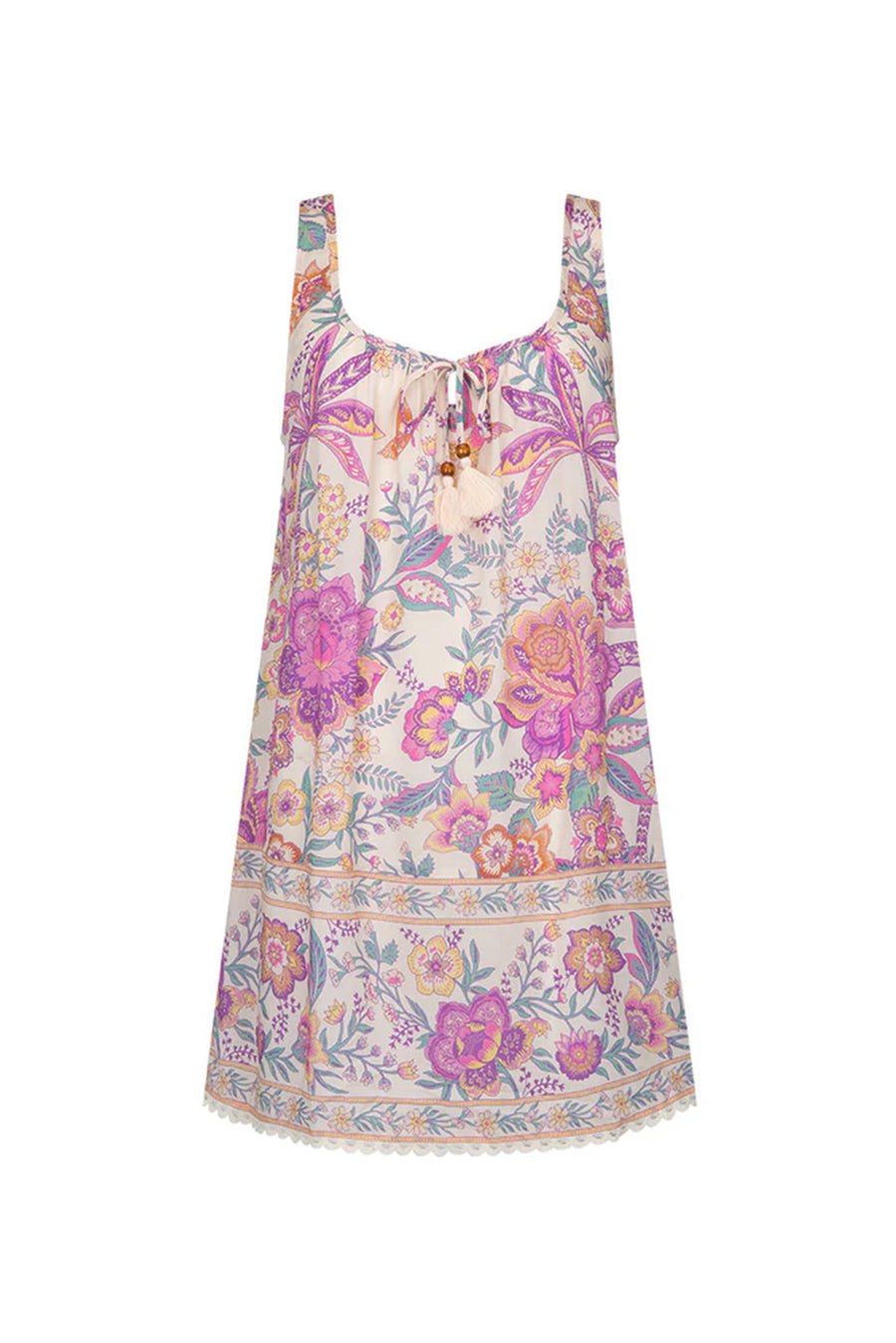 Pink and Lavender Bohemian Floral Tassel Tie V-Neck Mini Dress with Pockets