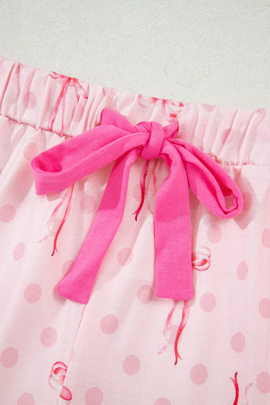 Bow Print Button-Up V-Neck Short Sleeve Top and Ruffle Hem Shorts Pajama Set- 2 Styles