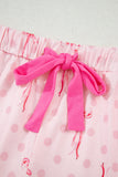Bow Print Button-Up V-Neck Short Sleeve Top and Ruffle Hem Shorts Pajama Set- 2 Styles
