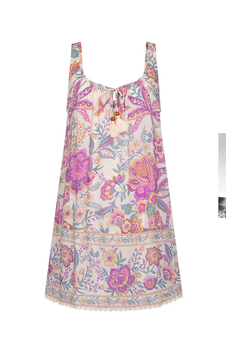 Pink and Lavender Bohemian Floral Tassel Tie V-Neck Mini Dress with Pockets