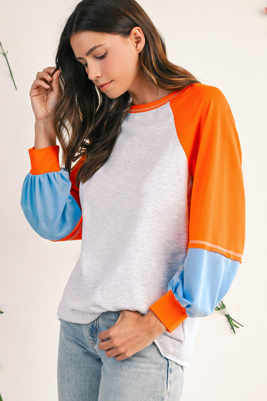 Light Grey Colorblock Raglan Sleeve Loose Fit Top