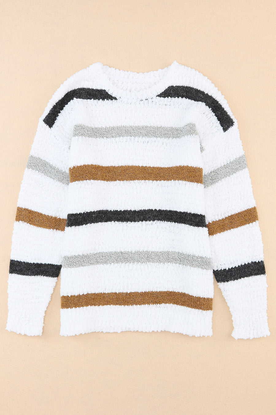 White Multi Striped Popcorn Drop Shoulder Pullover Sweater