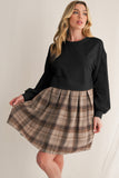 Beige Plaid Patchwork High Waist Sweatshirt Mini Dress