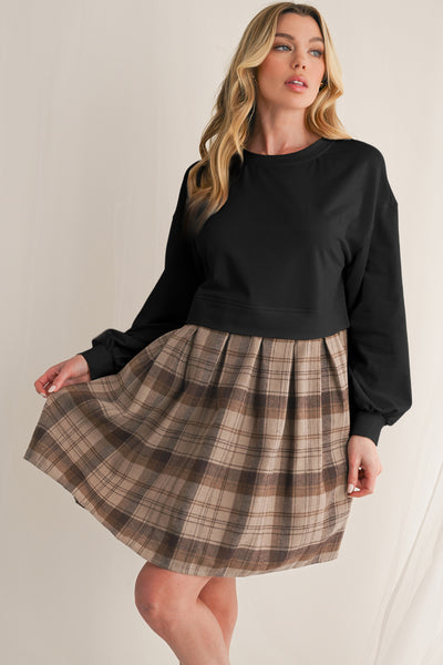 Beige Plaid Patchwork High Waist Sweatshirt Mini Dress