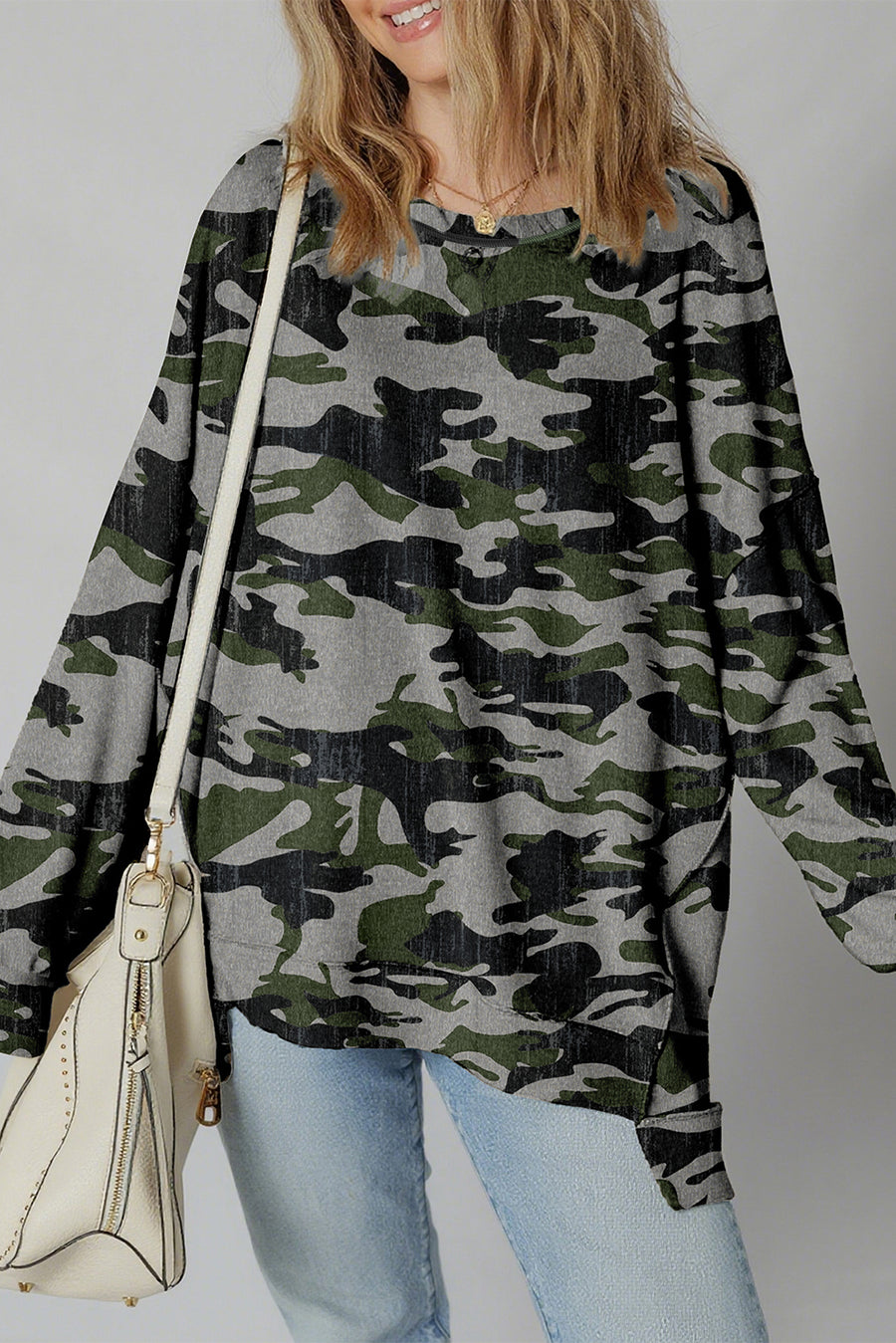 Camouflage Print Exposed Seam Drop Shoulder Sweatshirt- 2 Colors