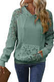 Lace Patchwork Raglan Sleeve Waffle Knit Hoodie with Pockets- 2 Colors