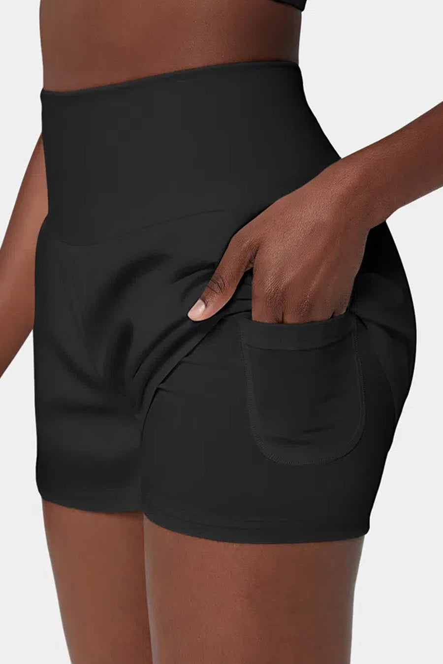Black High-Waist Wide Band Back Pocket Swim Shorts