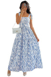 Sky Blue Floral Print Knot Straps High Waist Flared Maxi Dress