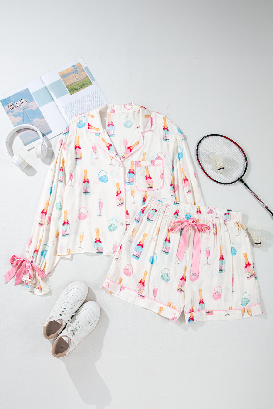 Plus Size White Wine & Heart Print Bow Decor Pajama Set