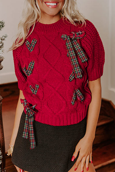 Plaid Lace-Up Puff Short Sleeve Sweater- 2 Colors
