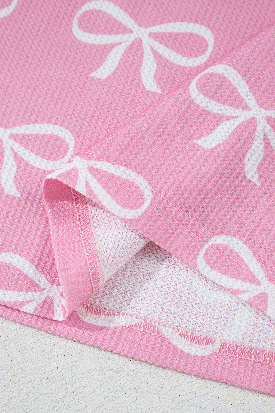 Pink Waffle Knit Bow Print Notched T-Shirt And Shorts Set