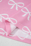 Pink Waffle Knit Bow Print Notched T-Shirt And Shorts Set