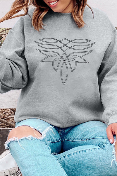 Gray Boot Stitch Pattern Embroidered Pullover Sweatshirt