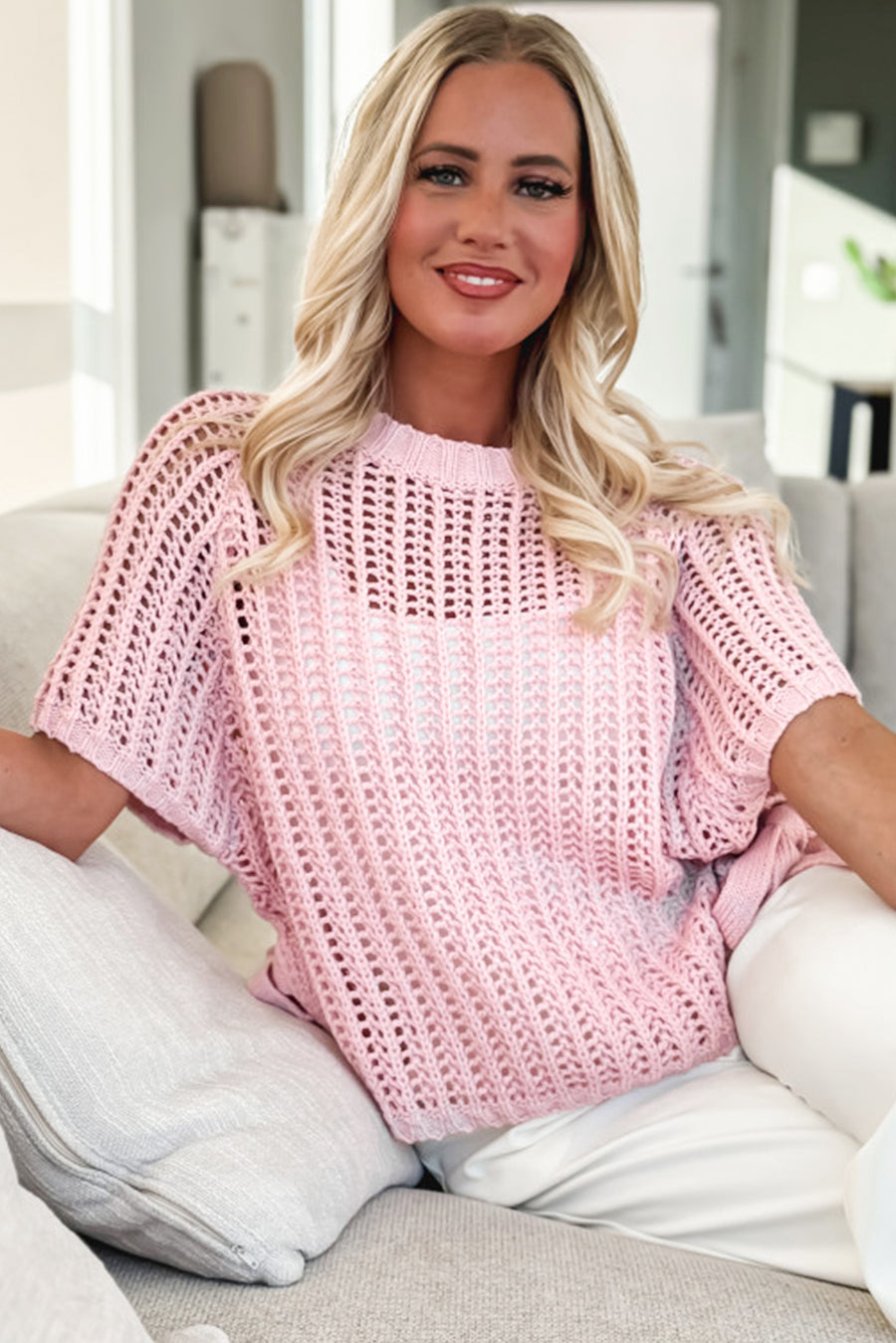 Side Tie Crochet Knit Short Sleeve Sweater- 2 Colors