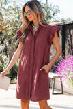 Frill Neck Button-Up Ruffled Short Sleeve Denim Mini Dress- 2 Colors