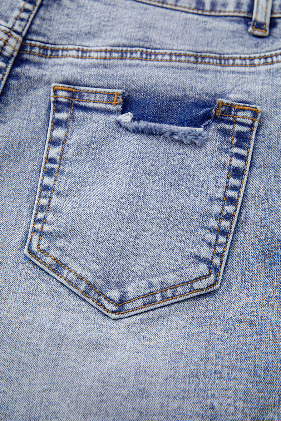 Acid Washed Pearl Studded Pocket Raw Hem Denim Shorts