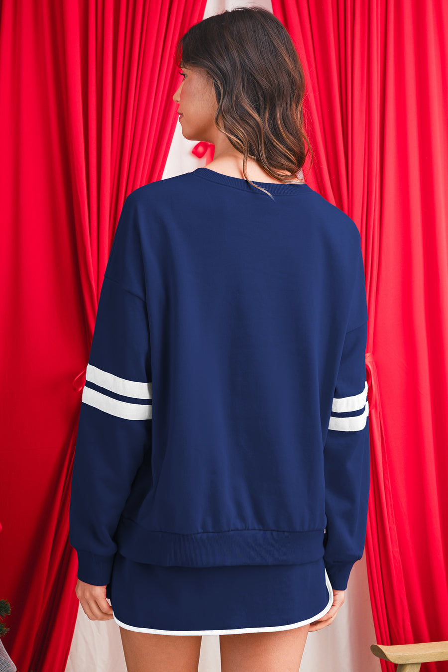 Varsity Striped Drop Shoulder Pullover Sweatshirt & Mini Skort Set- 6 Colors