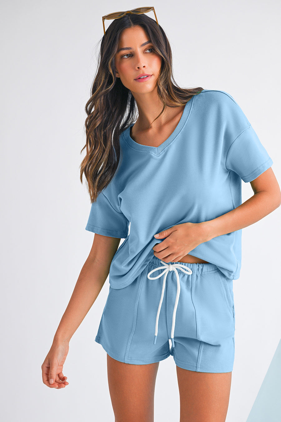 V-Neck Drop Shoulder T-Shirt and Patchwork Shorts Set- 3 Colors