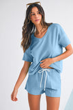V-Neck Drop Shoulder T-Shirt and Patchwork Shorts Set- 3 Colors