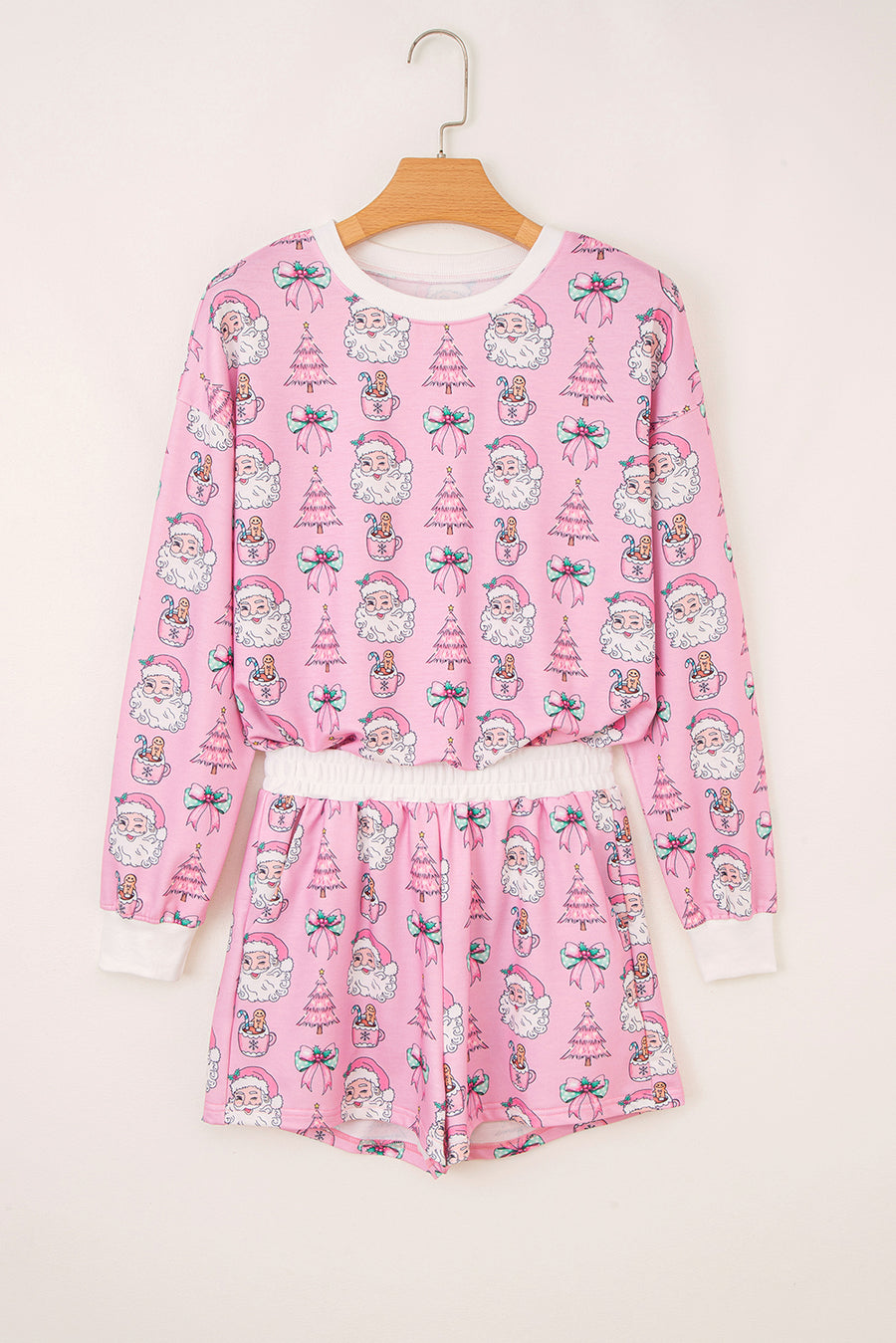 Pink Santa Claus Graphic Christmas Tree Long Sleeve Pajama Set- 2 Colors