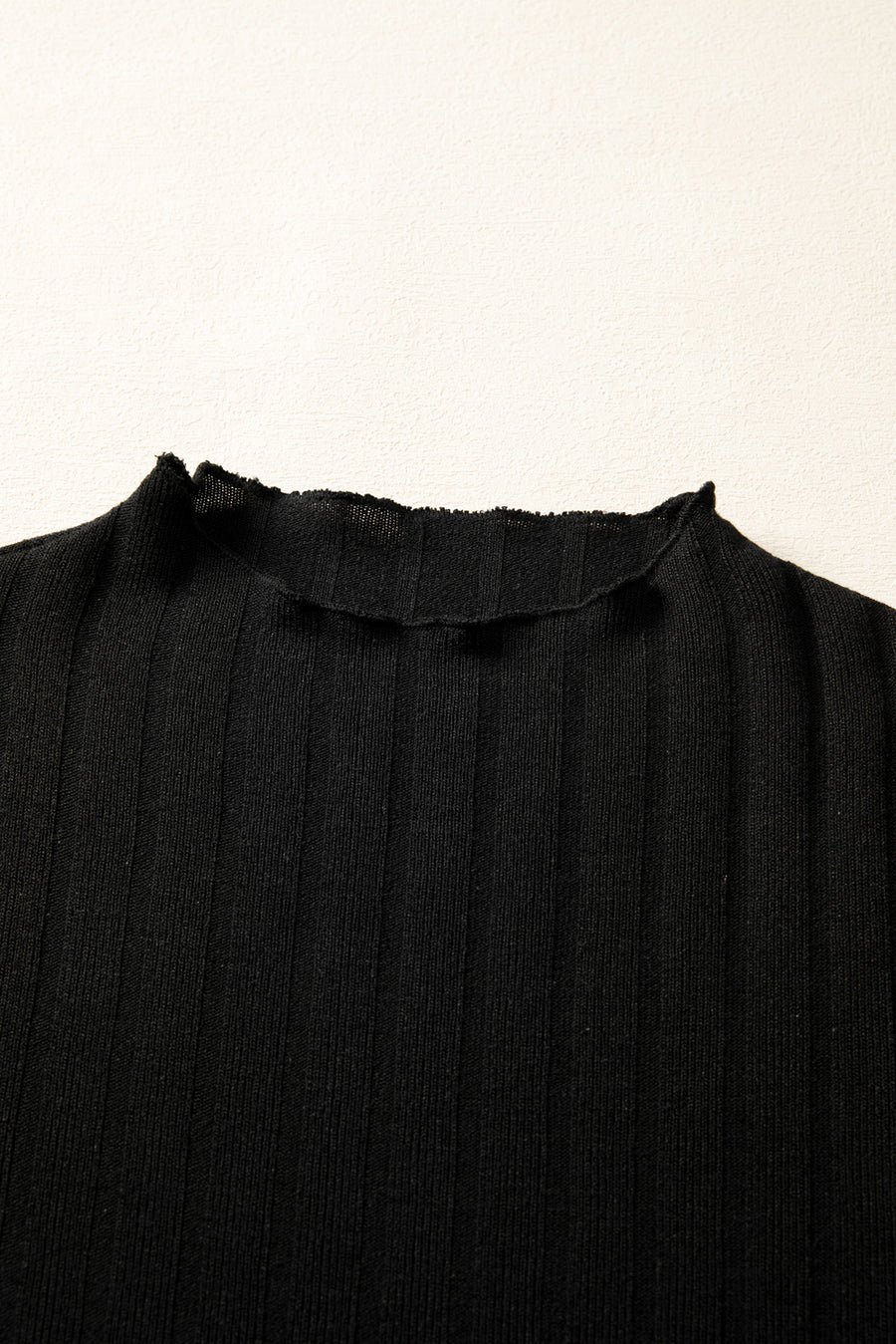 Black Frilled Neck Ribbed Knit Patchwork Long Sleeve Mini Dress