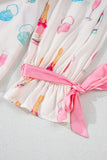Plus Size White Wine & Heart Print Bow Decor Pajama Set