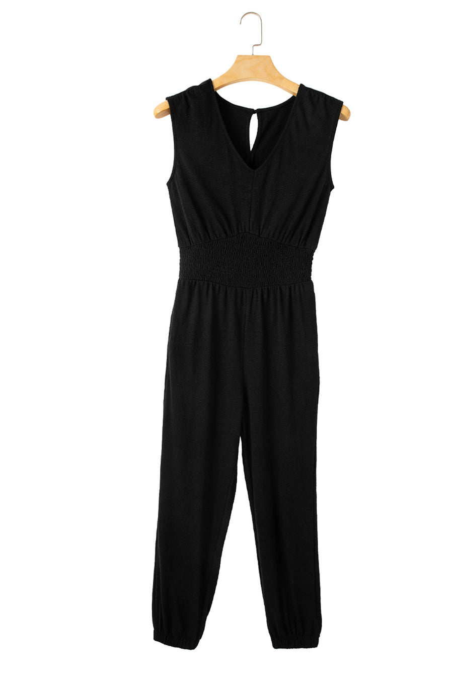Black Shirred High-Waist V-Neck Sleeveless Jumpsuit
