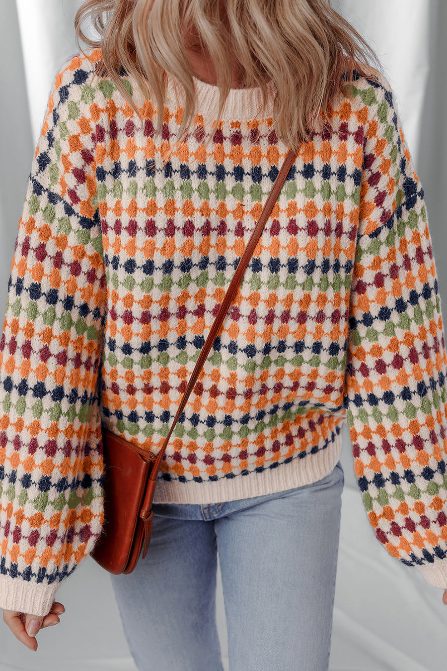 Ivory Multi Dotty Striped Knit Drop Shoulder Sweater