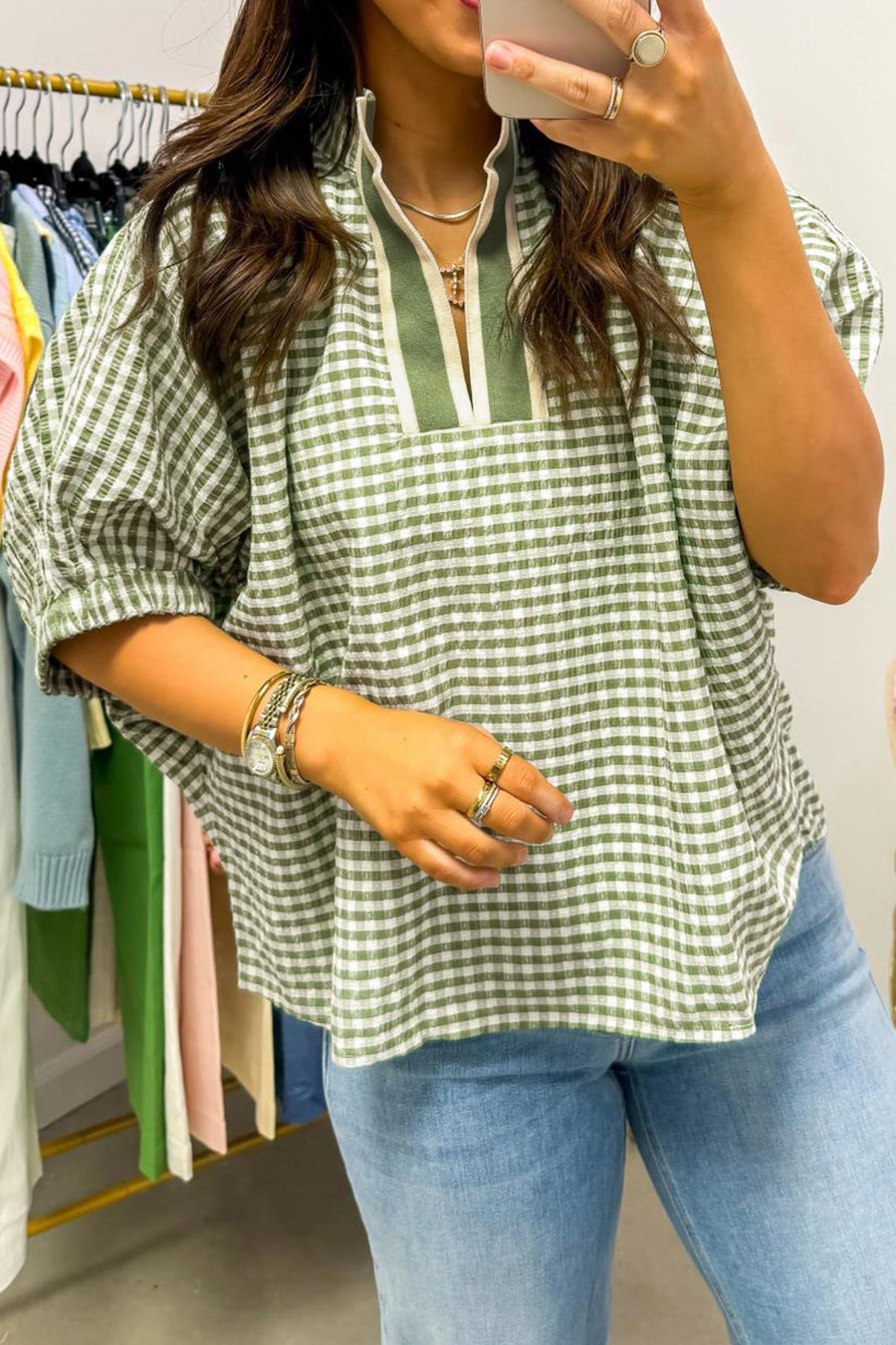 Gingham Short Sleeve Color Block Trim Split Neck Blouse- 2 Colors