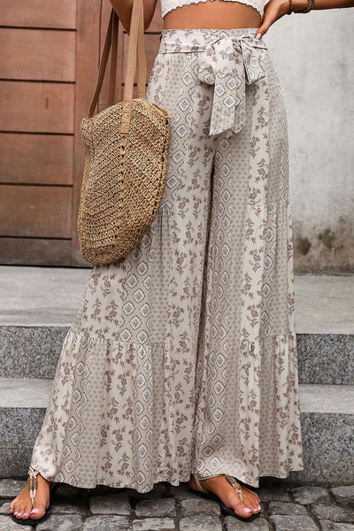 Beige Boho Ethnic Print Knot Waist Wide Leg Pants