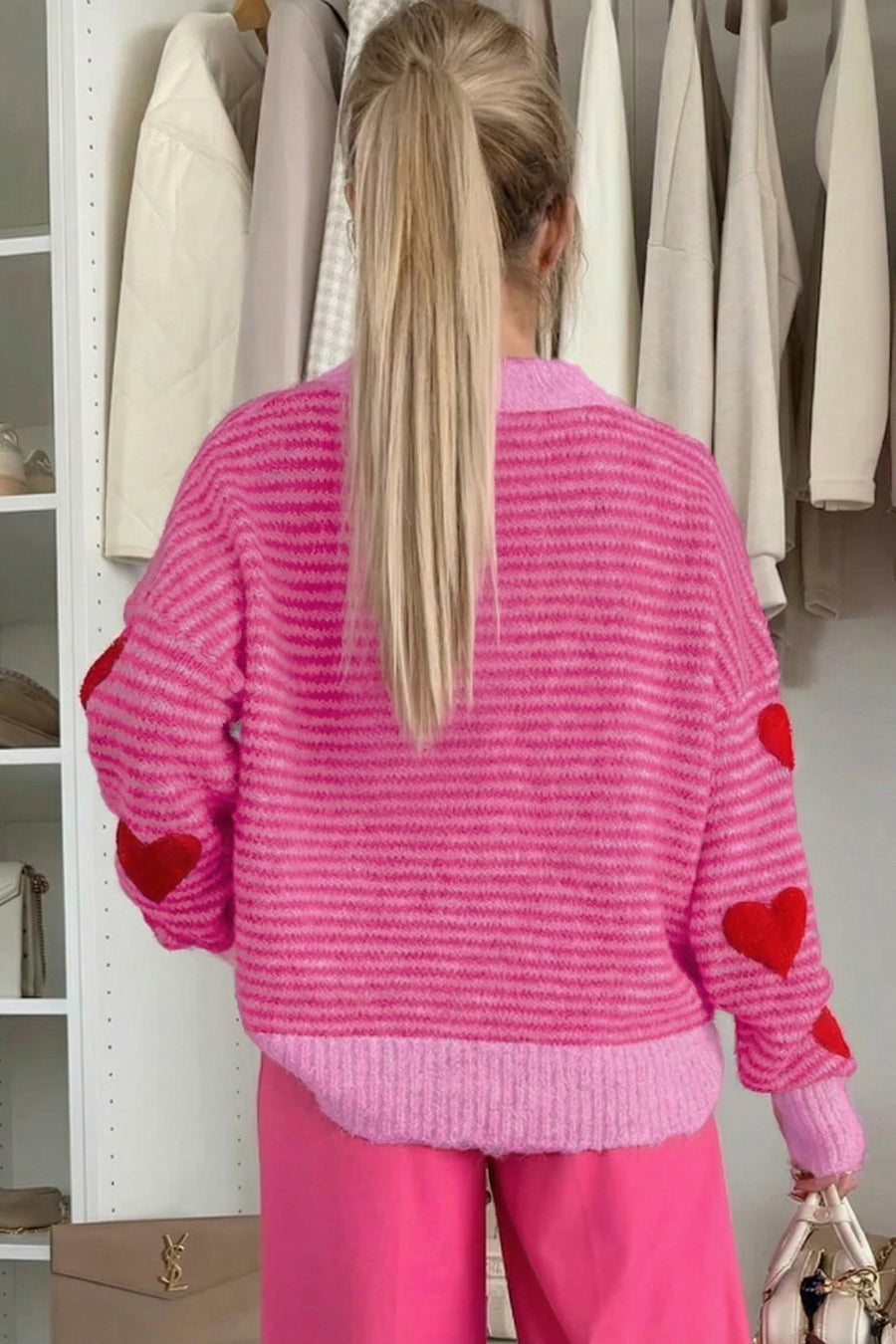 Striped Heart Pattern Drop Shoulder Mock Neck Knit Sweater- 2 Colors