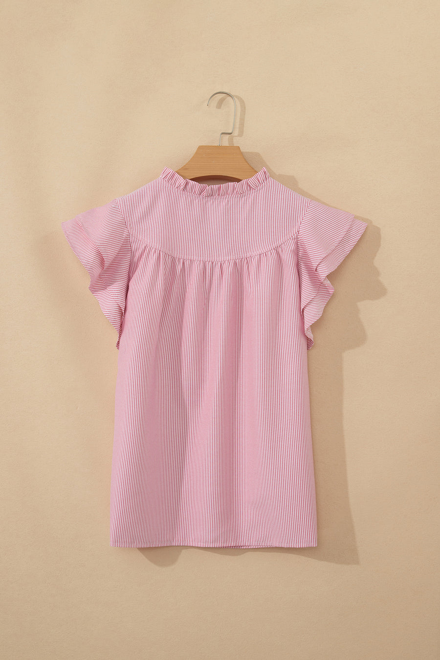 Red Striped Frilled V-Neck Double Ruffled Short Sleeve Blouse