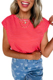 Striped Ribbed Cap Sleeve Crew Neck T-Shirt- 2 Colors