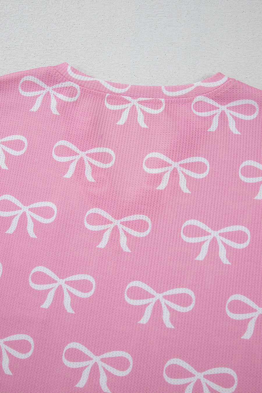 Pink Waffle Knit Bow Print Notched T-Shirt And Shorts Set