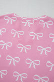 Pink Waffle Knit Bow Print Notched T-Shirt And Shorts Set