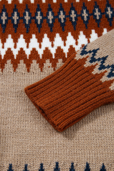 Khaki Geometric Print Colorblock Crew Neck Sweater