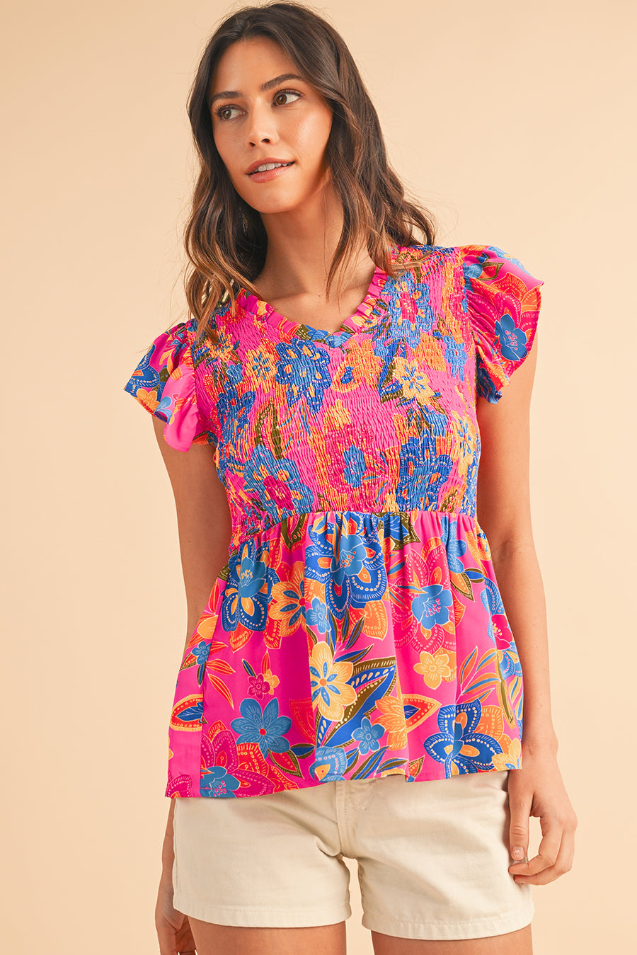 Neon Pink Floral Frill V-Neck Smocked Peplum Blouse