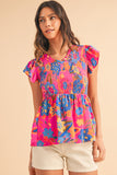 Neon Pink Floral Frill V-Neck Smocked Peplum Blouse