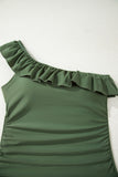Solid Color Ruffle Trim One-Shoulder One-Piece Swimsuit- 3 Colors