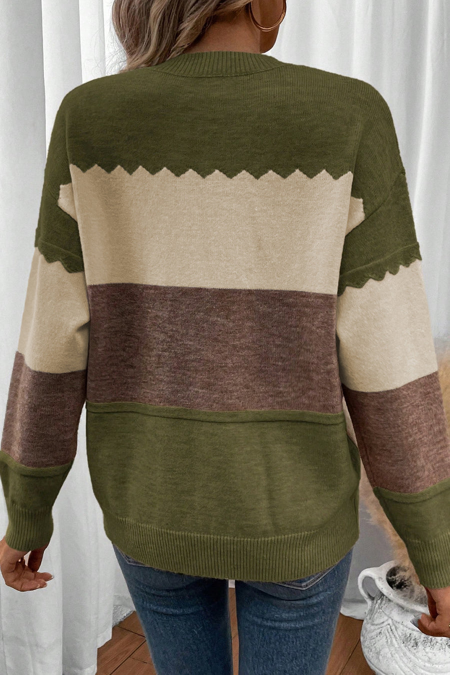 Color Block Crew Neck Drop Shoulder Scallop Detail Sweater- 3 Colors