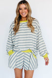 Striped Contrast Trim Long Sleeve Top and Shorts Set- 2 Colors