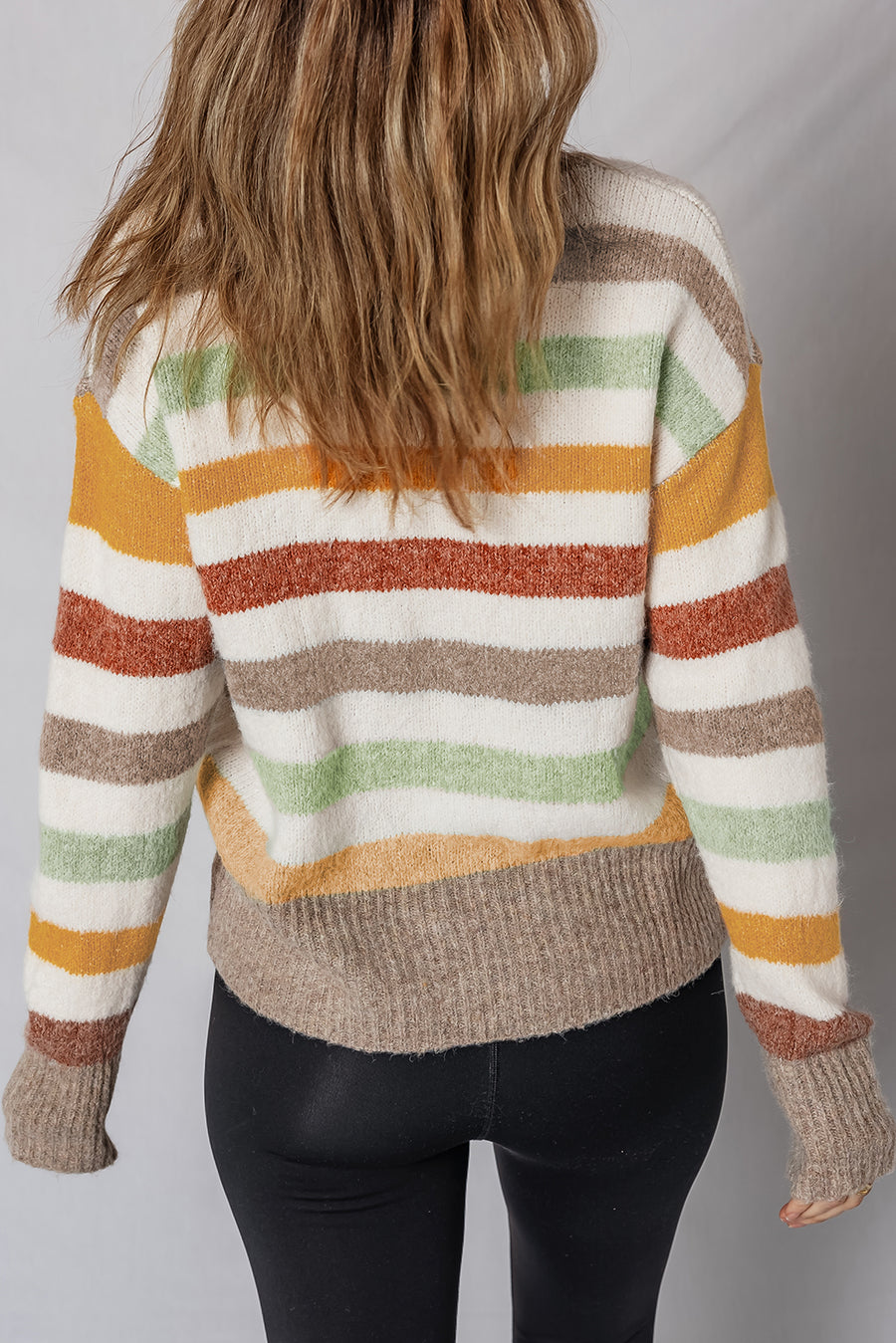 Cream Multi Color Block Drop Shoulder Crew Neck Sweater