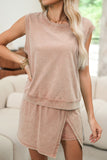 Yellow Cream Solid Color Washed Sleeveless Top Split Skort Cotton 2pcs Outfit