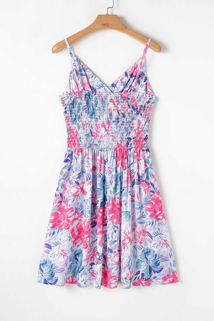 Blue and Pink Floral Spaghetti Strap Surplice Neck Shirred Waist Mini Dress