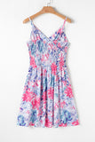 Blue and Pink Floral Spaghetti Strap Surplice Neck Shirred Waist Mini Dress