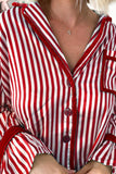 Red Striped Velvet Trim Long Sleeve Button-Up Top and Pants Pajama Set