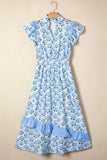 Sky Blue Hydrangea Floral Print Ruffle Trim Flutter Sleeve Long Dress