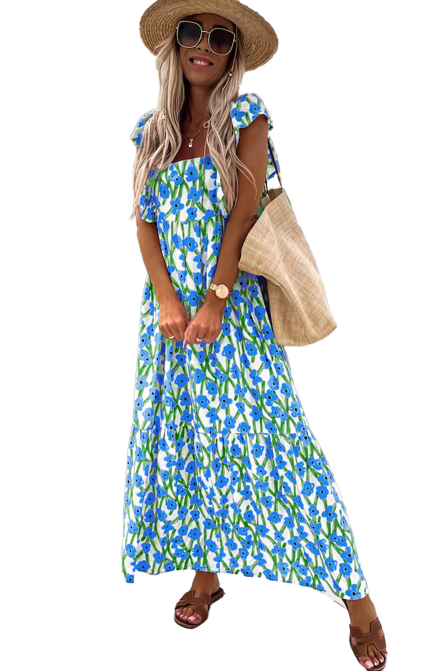 Floral Print Square Neck Ruffled Strap Maxi Dress- 2 Colors